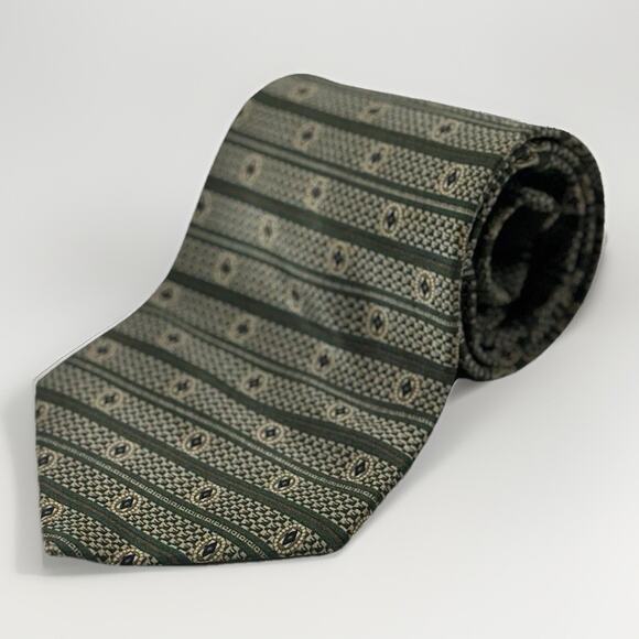 Stafford 100% Silk Tie Green Gold Navy Geometric Pattern Made in Italy 57” - Picture 1 of 9
